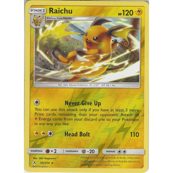 Pokemon Trading Card Game Raichu - 55/214 - Rare Reverse Holo Card - SM10 Unbroken Bonds