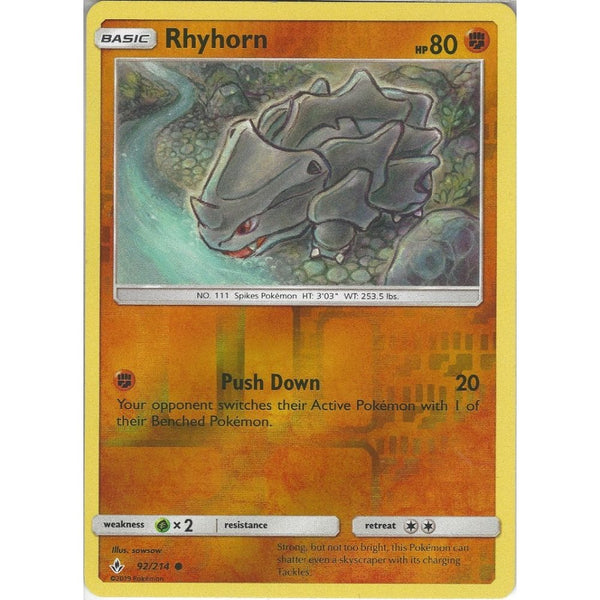 Pokemon Trading Card Game Rhyhorn - 92/214 - Common Reverse Holo Card - SM10 Unbroken Bonds