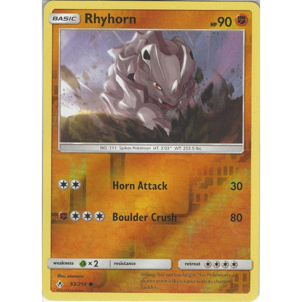 Pokemon Trading Card Game Rhyhorn - 93/214 - Common Reverse Holo Card - SM10 Unbroken Bonds