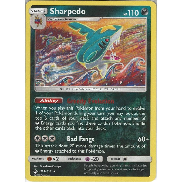 Pokemon Trading Card Game Sharpedo - 111/214 - Rare Reverse Holo Card - SM10 Unbroken Bonds