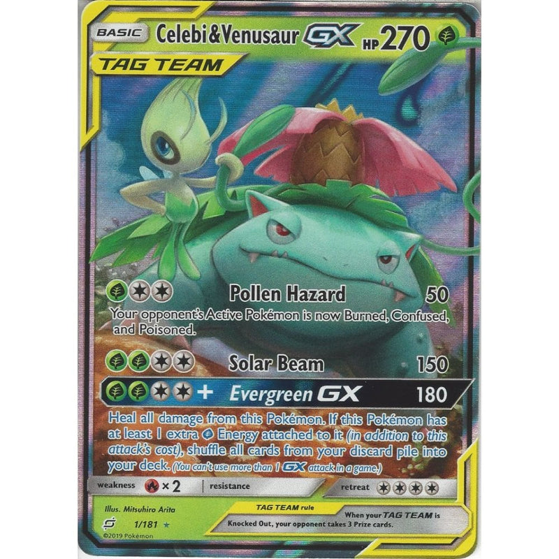 Pokemon Trading Card Game SM09 Team Up - Celebi &amp; Venusaur GX TAG TEAM - 1/181 - Rare Holo GX Card