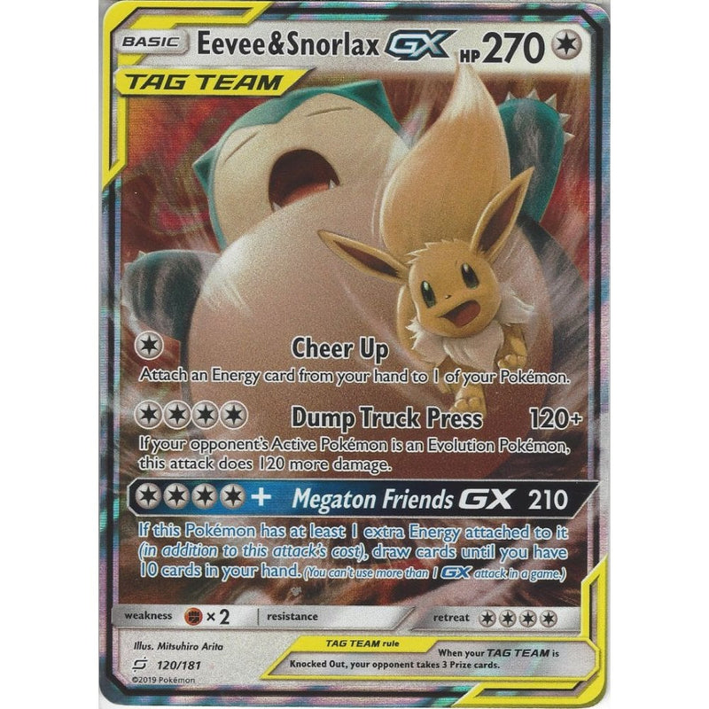 SM09 Team Up - Eevee & Snorlax GX TAG TEAM - 120/181 - Rare Holo GX Ca - Recaptured LTD SM09 Team Up - Eevee & Snorlax GX TAG TEAM - 120/181 - Rare Holo GX Ca - Recaptured LTD