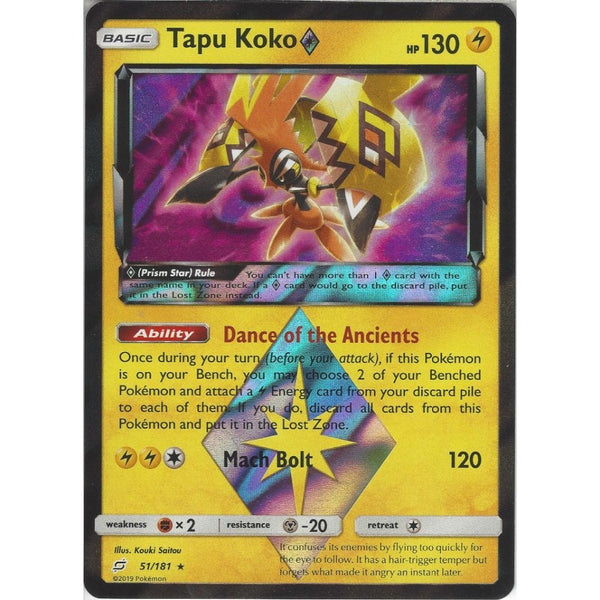 Pokemon Trading Card Game SM09 Team Up - Tapu Koko Prism Star - 51/181 - Rare Holo Card