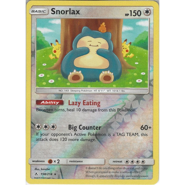 Pokemon Trading Card Game Snorlax - 158/214 - Rare Reverse Holo Card - SM10 Unbroken Bonds