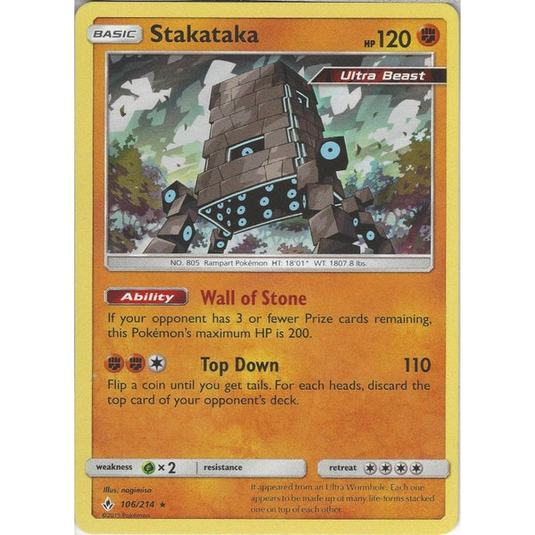 Pokemon Trading Card Game Stakataka - 106/214 - Rare Holo Card - SM10 Unbroken Bonds