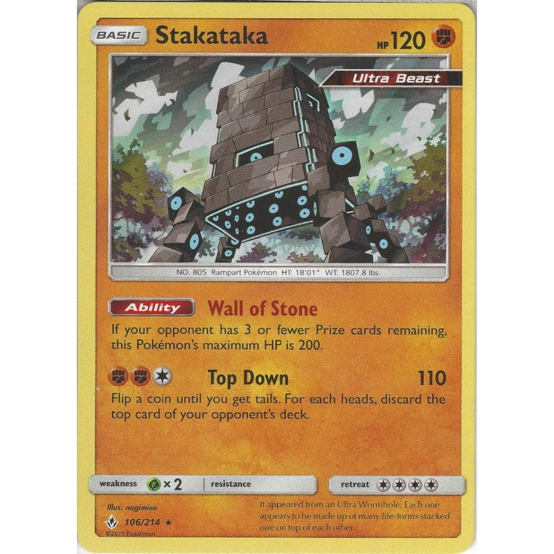 Stakataka - 106/214 - Rare Holo Card - SM10 Unbroken Bonds - Recaptured LTD Stakataka - 106/214 - Rare Holo Card - SM10 Unbroken Bonds - Recaptured LTD