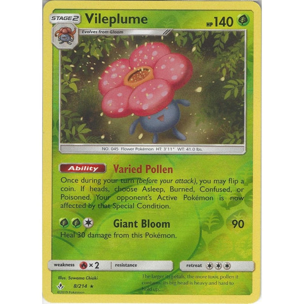 Pokemon Trading Card Game Vileplume - 8/214 - Rare Reverse Holo Card - SM10 Unbroken Bonds