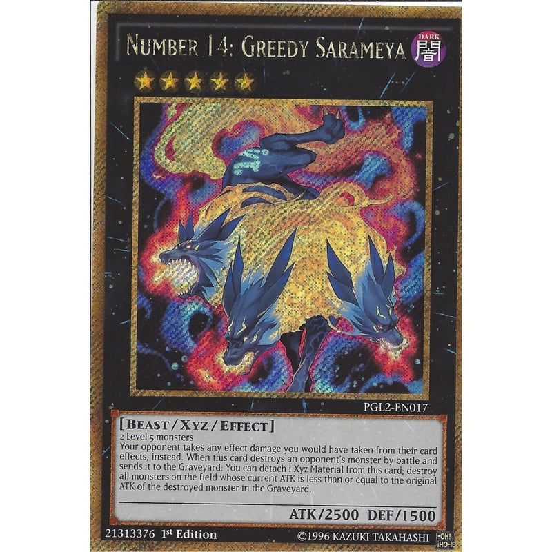 Yu-Gi-Oh NUMBER 14: GREEDY SARAMEYA - GOLD SECRET RARE - PGL2-EN017 1S - Recaptured LTD Yu-Gi-Oh NUMBER 14: GREEDY SARAMEYA - GOLD SECRET RARE - PGL2-EN017 1S - Recaptured LTD